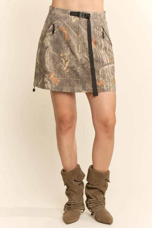 CAMOUFLAGE UTILITY MINI SKIRT POCKETS DRAWSTRING