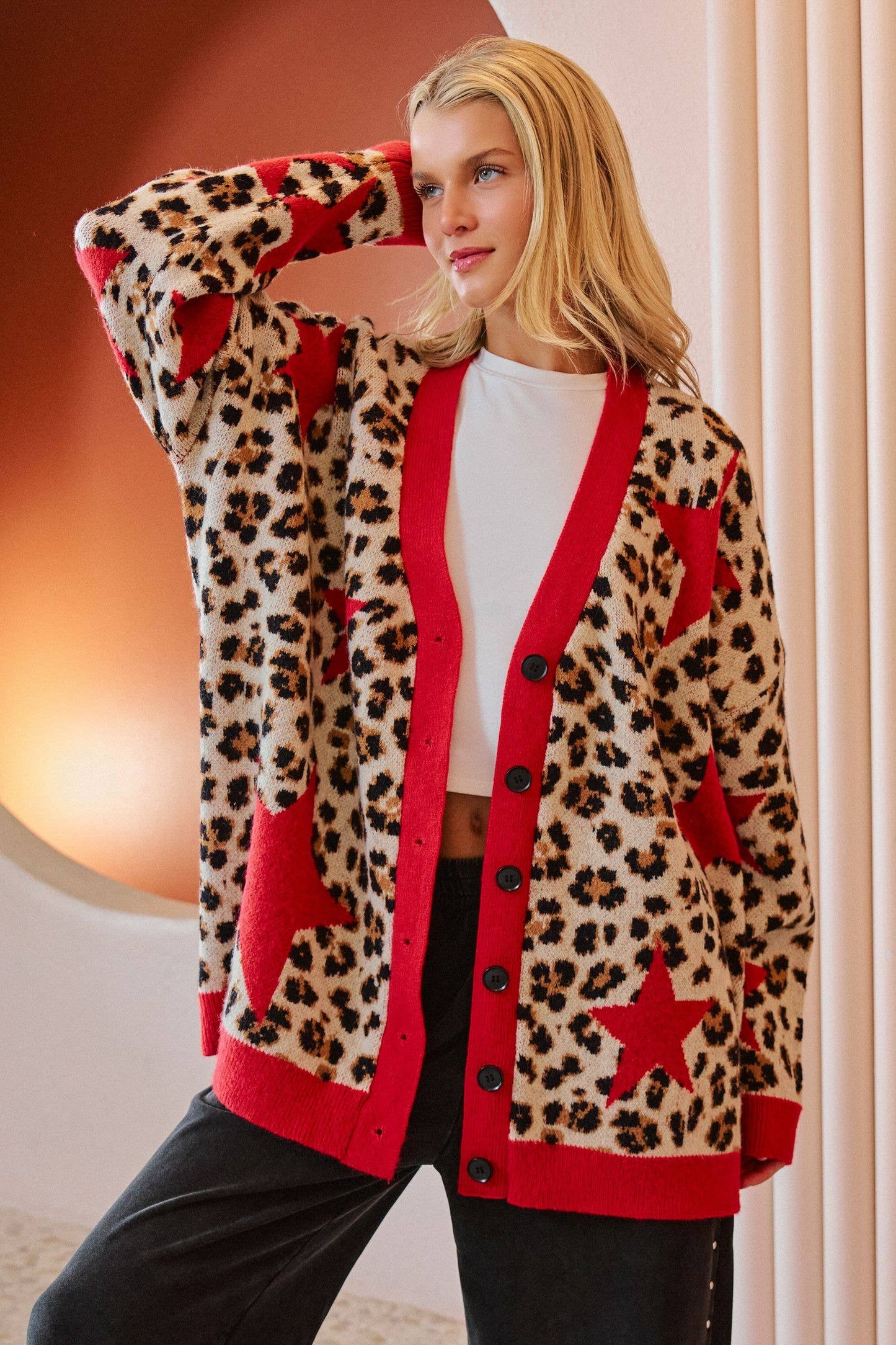 LEOPARD STAR CARDIGAN SWEATER