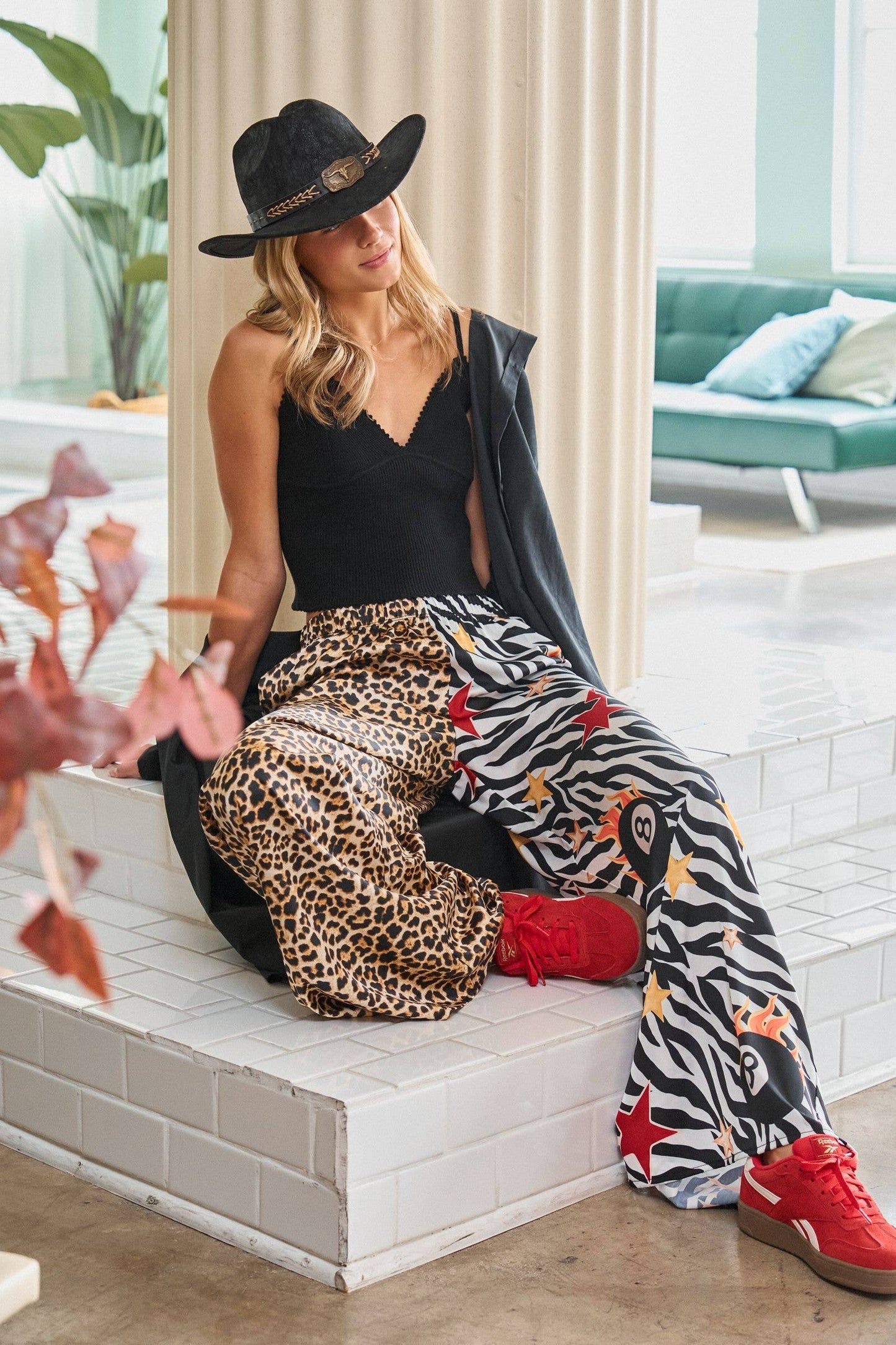 LEOPARD & ZEBRA MIX PRINT WIDE LEG PANTS
