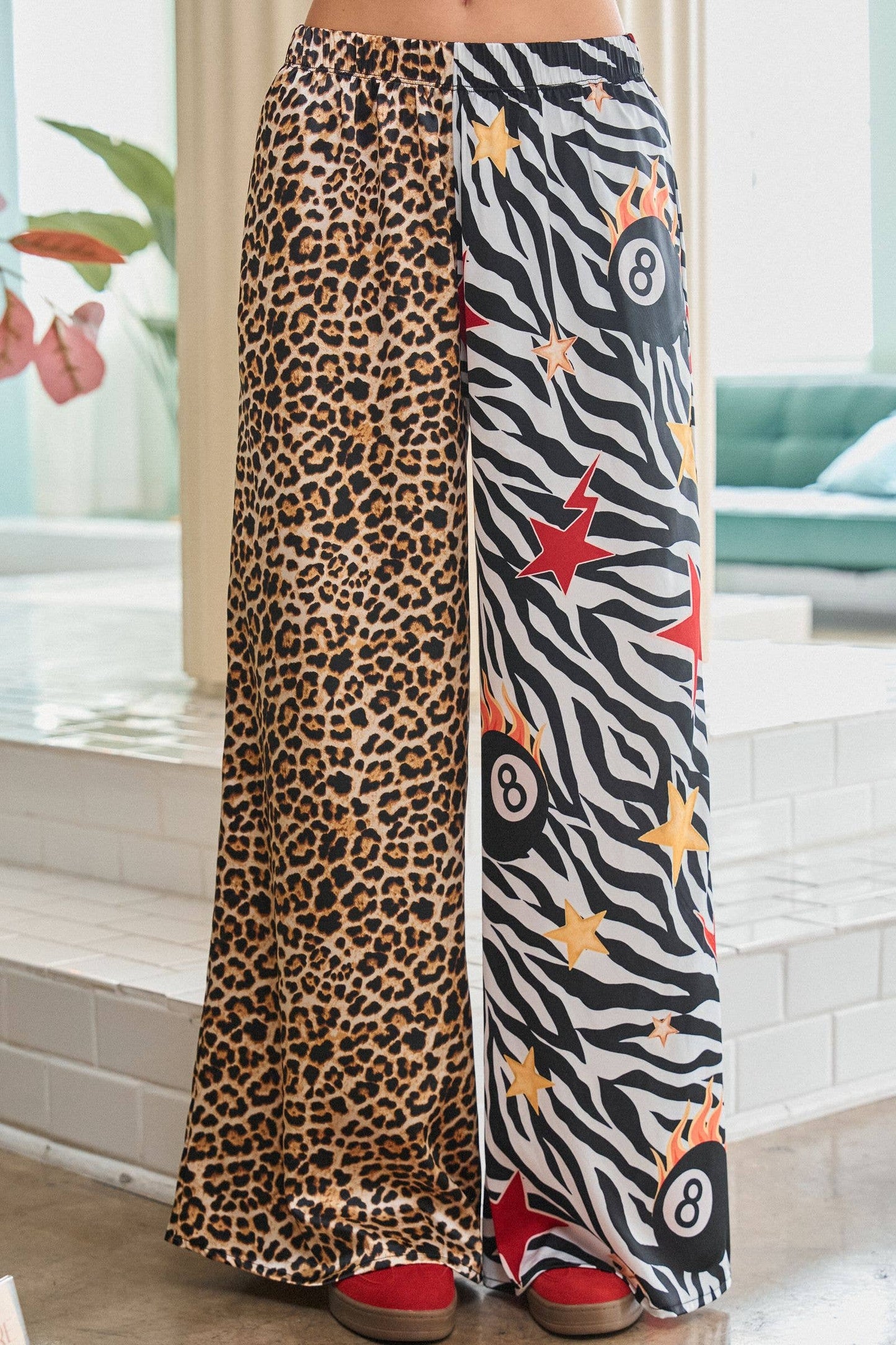 LEOPARD & ZEBRA MIX PRINT WIDE LEG PANTS