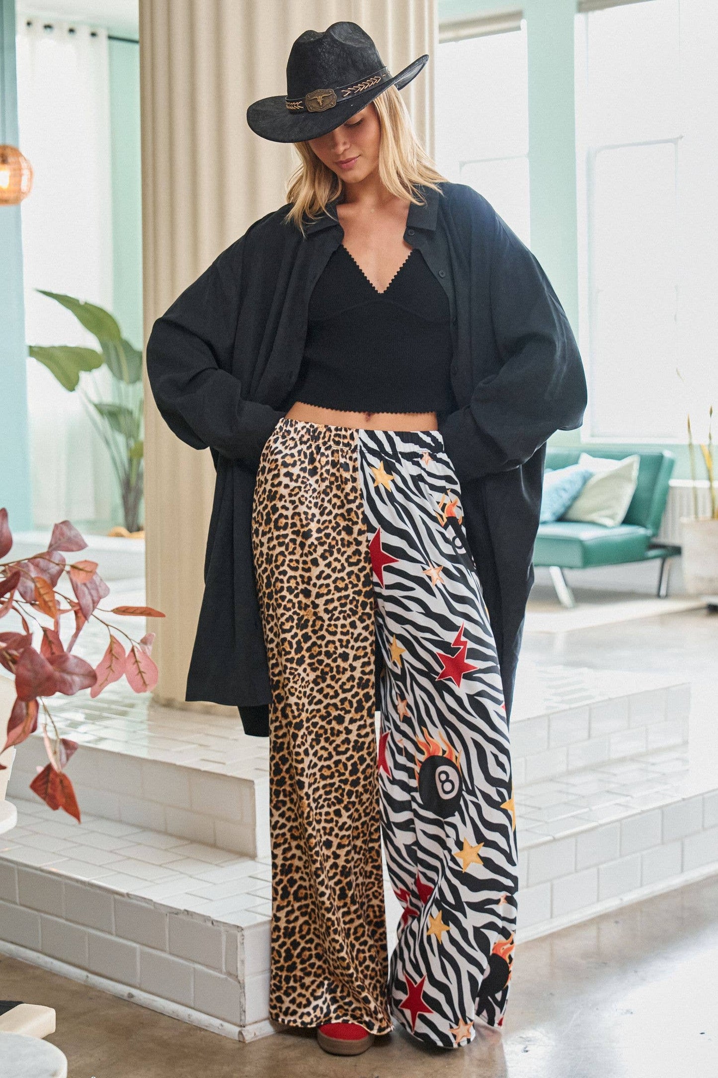 LEOPARD & ZEBRA MIX PRINT WIDE LEG PANTS