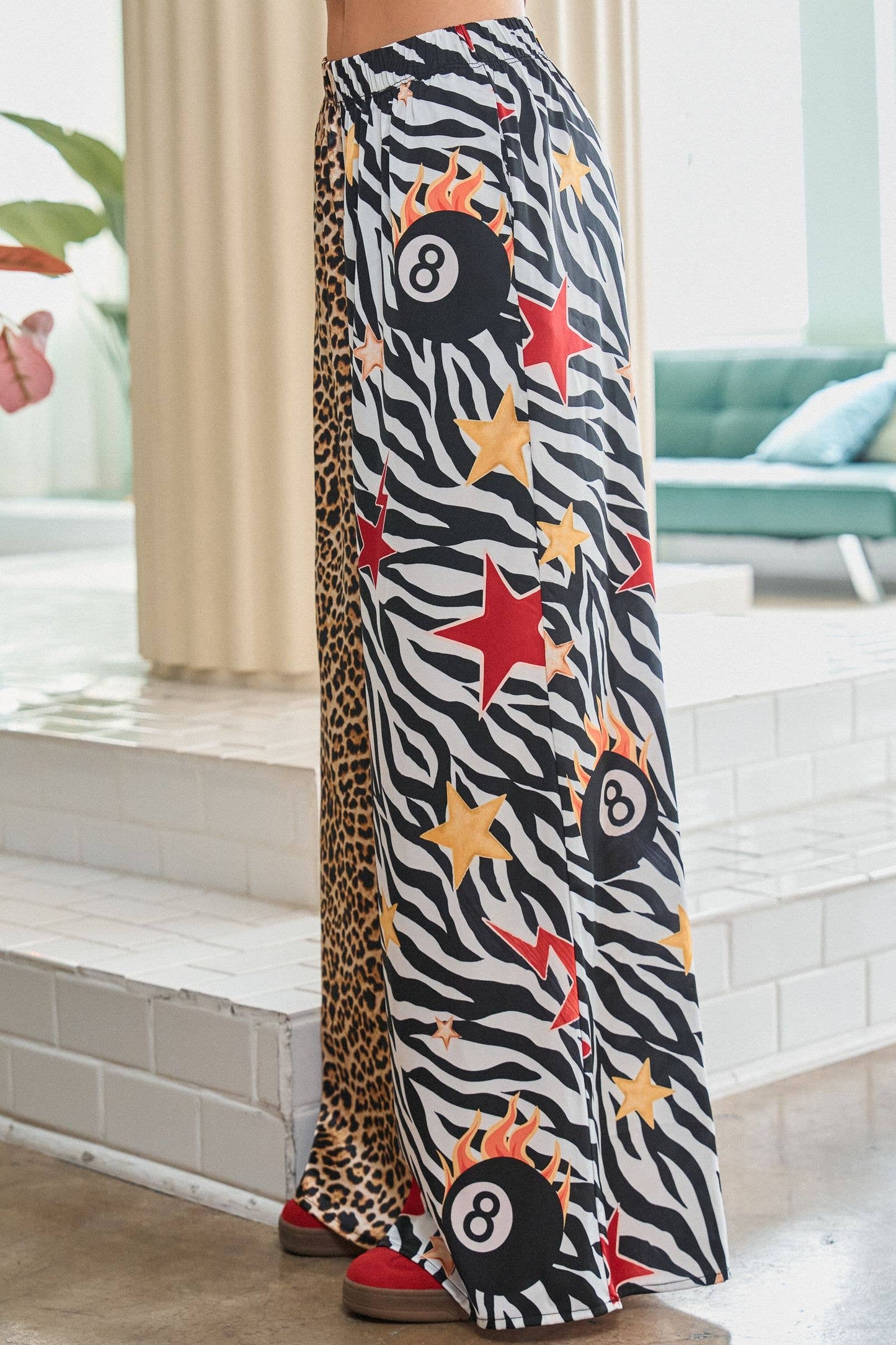 LEOPARD & ZEBRA MIX PRINT WIDE LEG PANTS