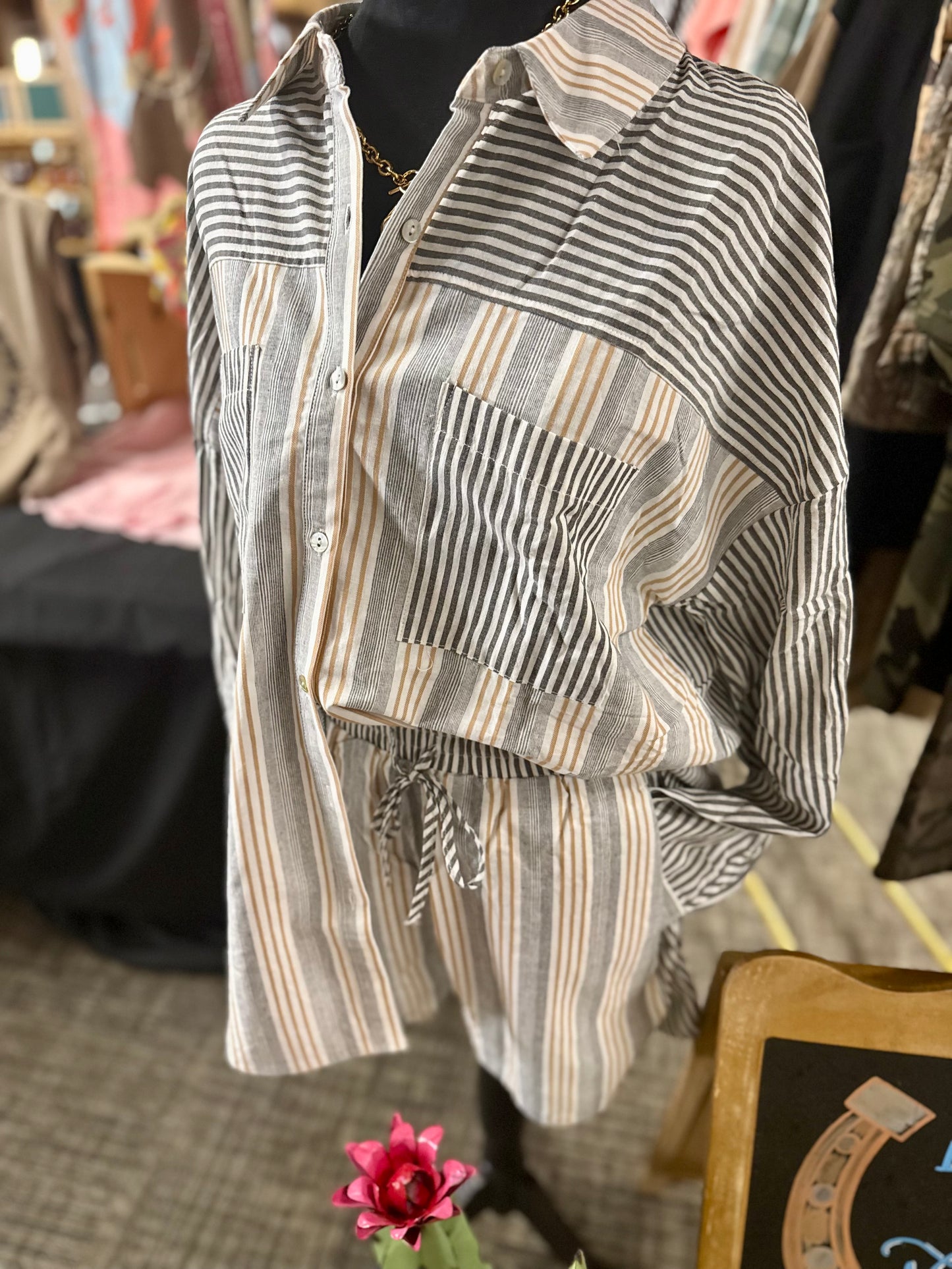 Stripe Woven Shirt Top & Shorts Set