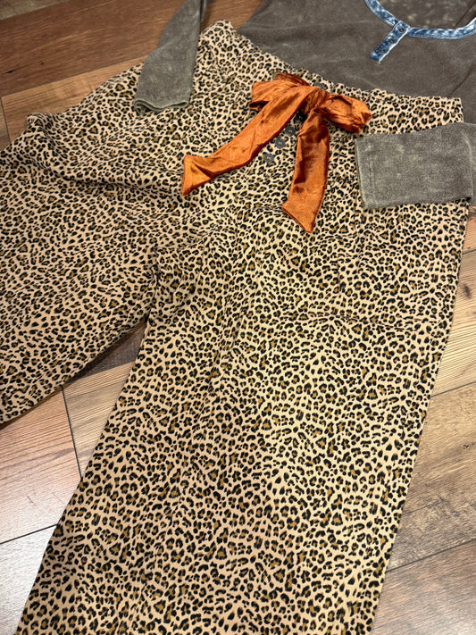 Velvet Bow Leopard Wide Leg Pants