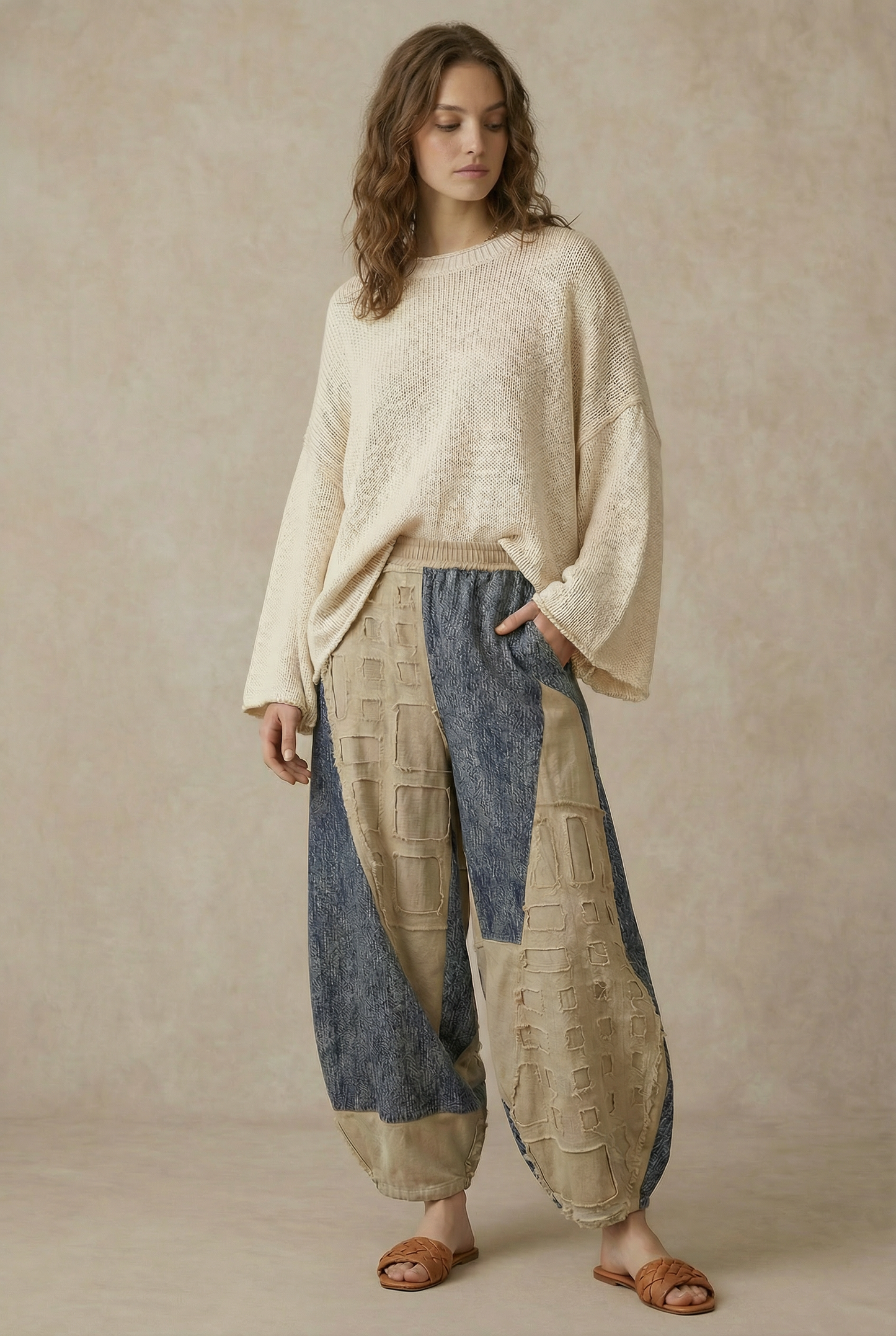 Textured Grid Patch Balloon Pants