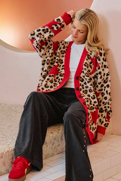 LEOPARD STAR CARDIGAN SWEATER