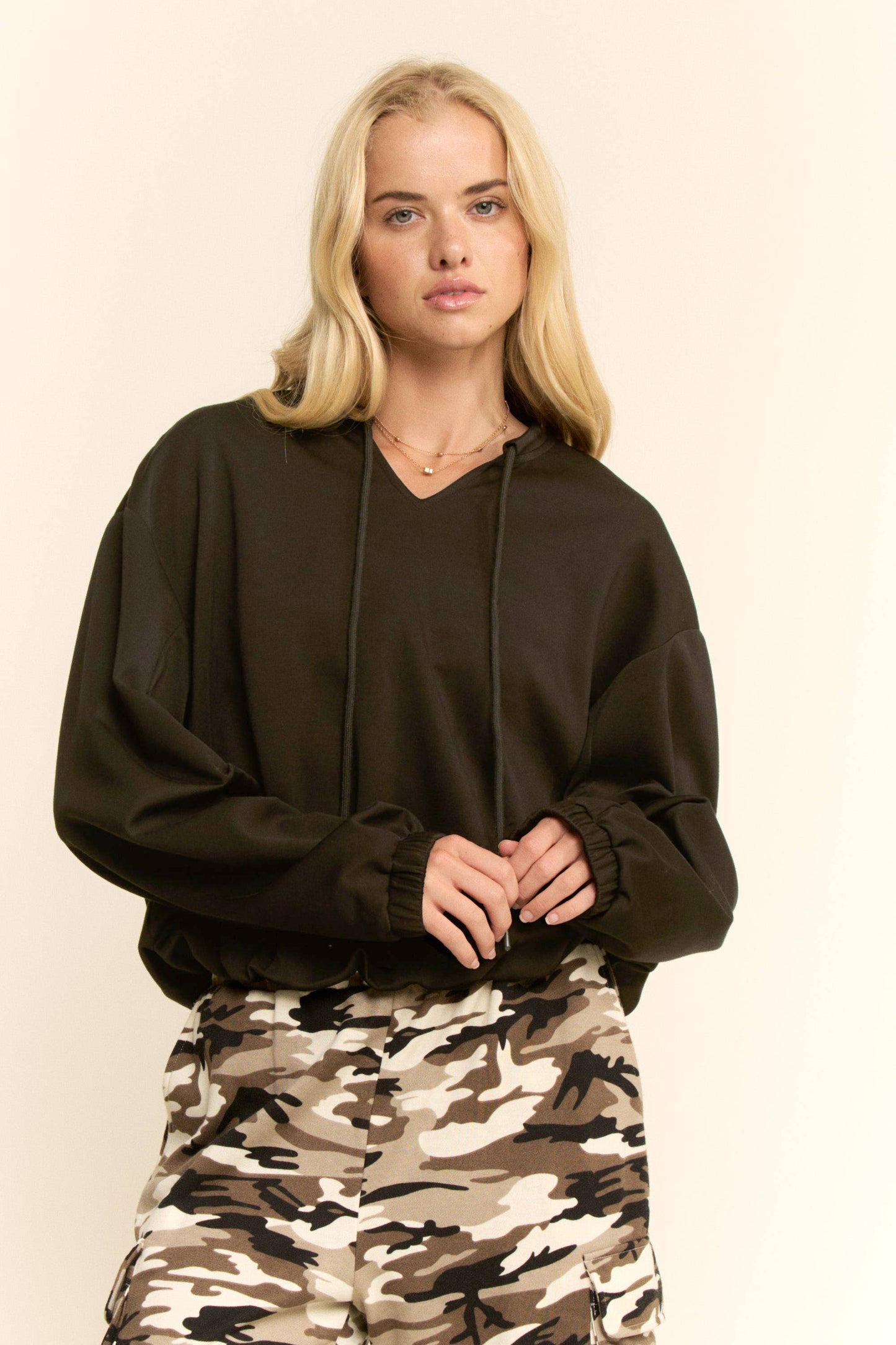 ROCK BOTTOM-CROPPED DRAWSTRING SWEATSHIRT